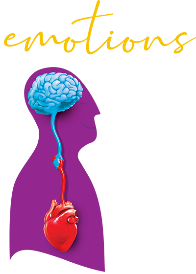 A human silhouette balancing a blue mind and a red heart